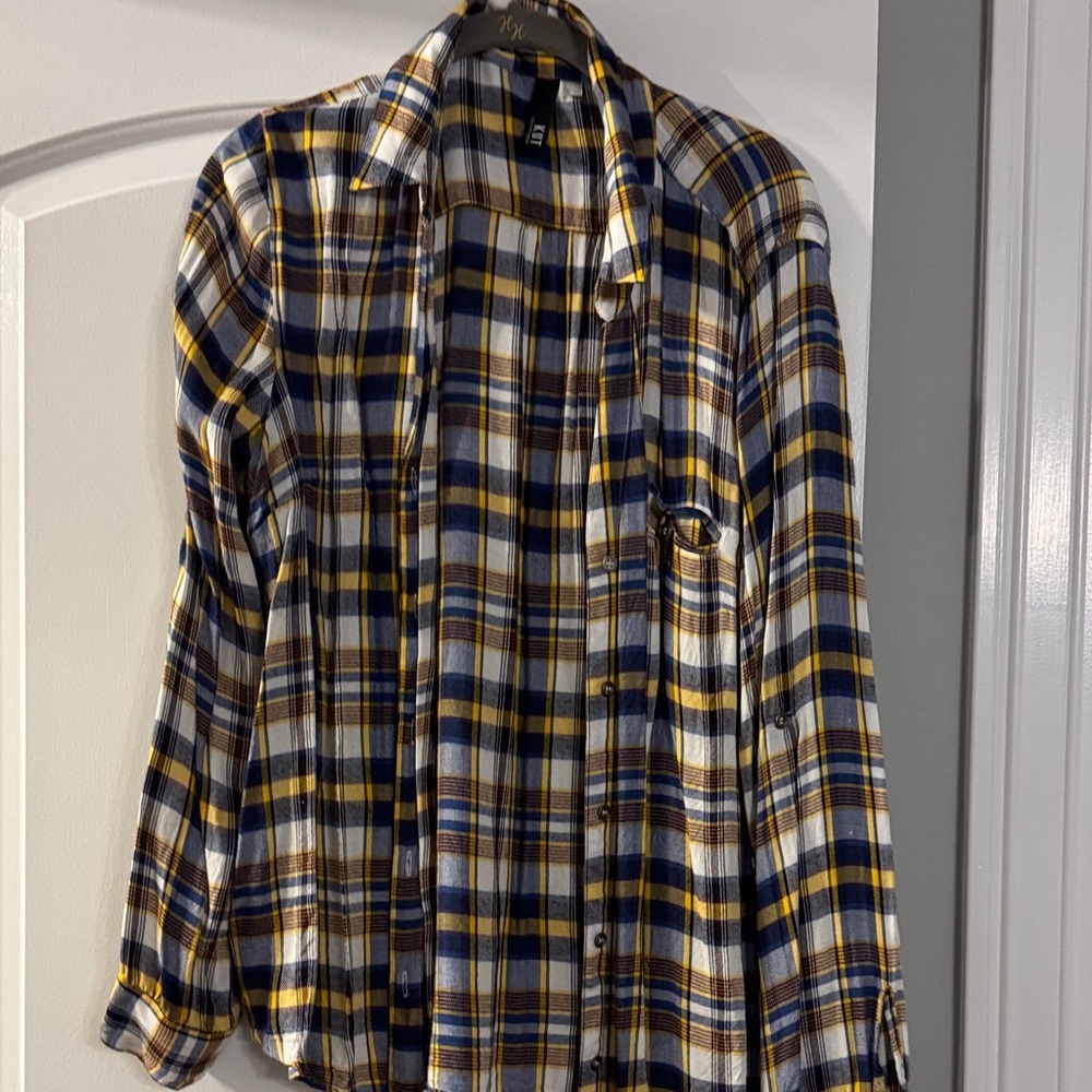 Kut from the Kloth Plaid Shirt - Navy, Mustard, White